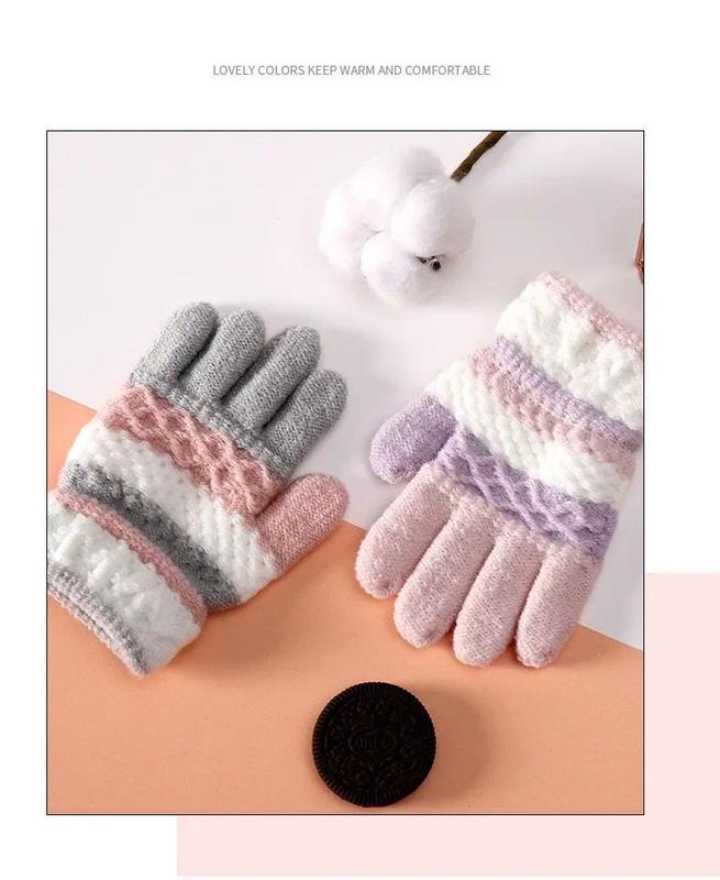 Product Introduction of 1Pair Winter Warm Cotton Baby Gloves Cute Kawaii Children Striped Split-finger Kindergarten for Boys Girls Kids Knitted Gloves 15