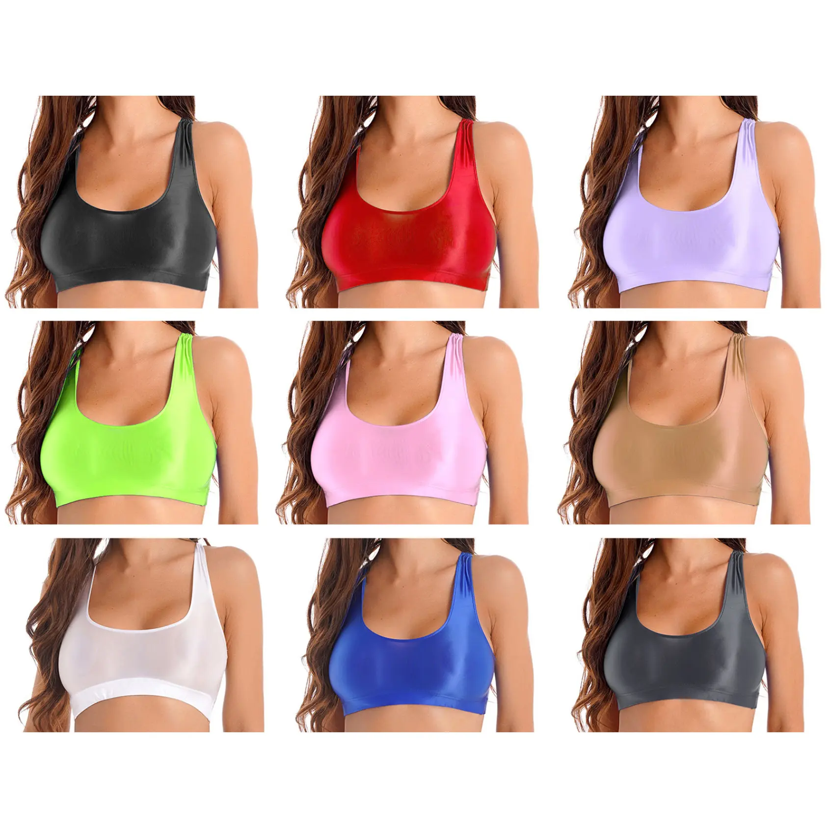 Miaeowve Women's Candy Color Sleeveless Vest Tops Shiny Oil Glossy U Neck Half Shirts Slim Fit Fitness Yoga Tops