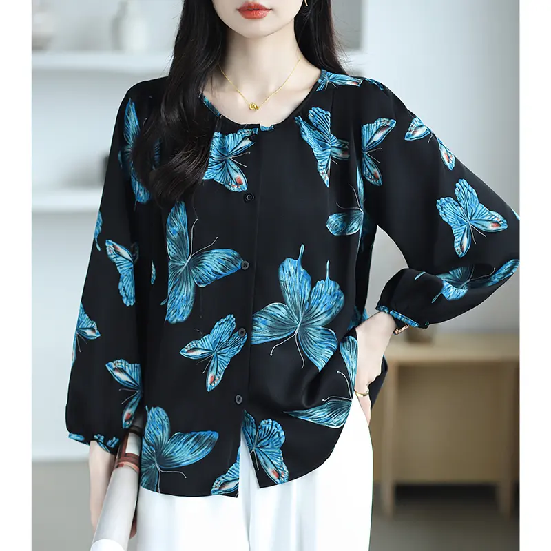 Áo Voan Cổ Tròn, Dành Cho Nữ, In Hình Bướm, Phong Cách Hồi Giáo, Áo Dài Tay, Hàng Mới Về 0