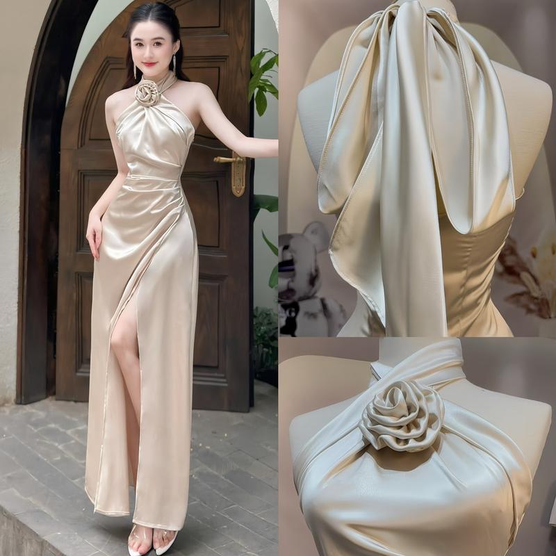 ( HOA CÀI RỜI ) - Váy LỤA DỰ Tiệc Dáng Dài Dây Chéo Cổ yếm Cột Nơ Sau  Hở Lưng Xếp Ly Eo Xẻ Tà MÀU HỒNG GUỐC Chất Lụa Mềm Mịn Lót Đúp ( KHÔNG MÚT ) Phong Cách Sang Trọng Nhẹ Nhàng Dành Cho Nữ  Dress Women - TUONGVY108 Lịch Sen Hoa Sen Kem