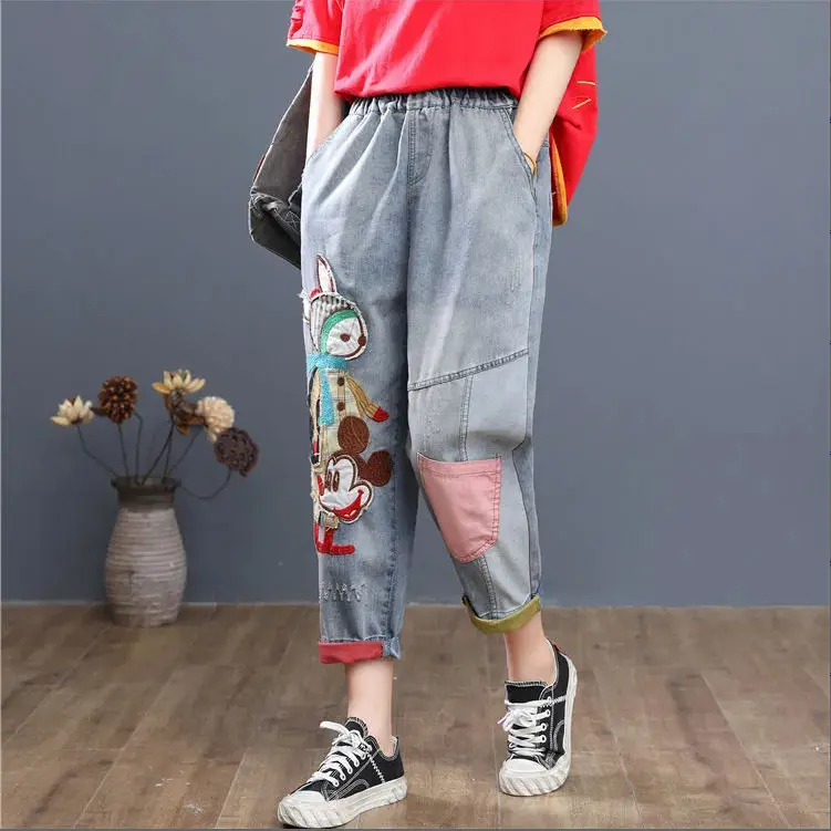 Quần Jean Nữ, Thiết Kế Cotton, Hàng Mới Về, Cạp Cao, Co Giãn, Dài Đến Mắt Cá Chân, Thêu Hoạt Hình, Dáng Rộng Vừa Vặn, Quần Harem Denim, Phong Cách 3pg0234 0