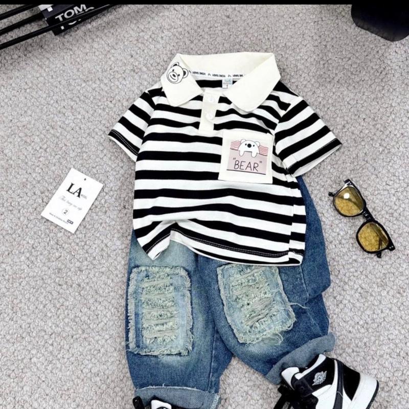 (Minh Nhật kids) Bộ polo cộc tay kẻ ngang 8-28kg cho bé , áo polo chất cotton mềm mát, quần jean mềm 5