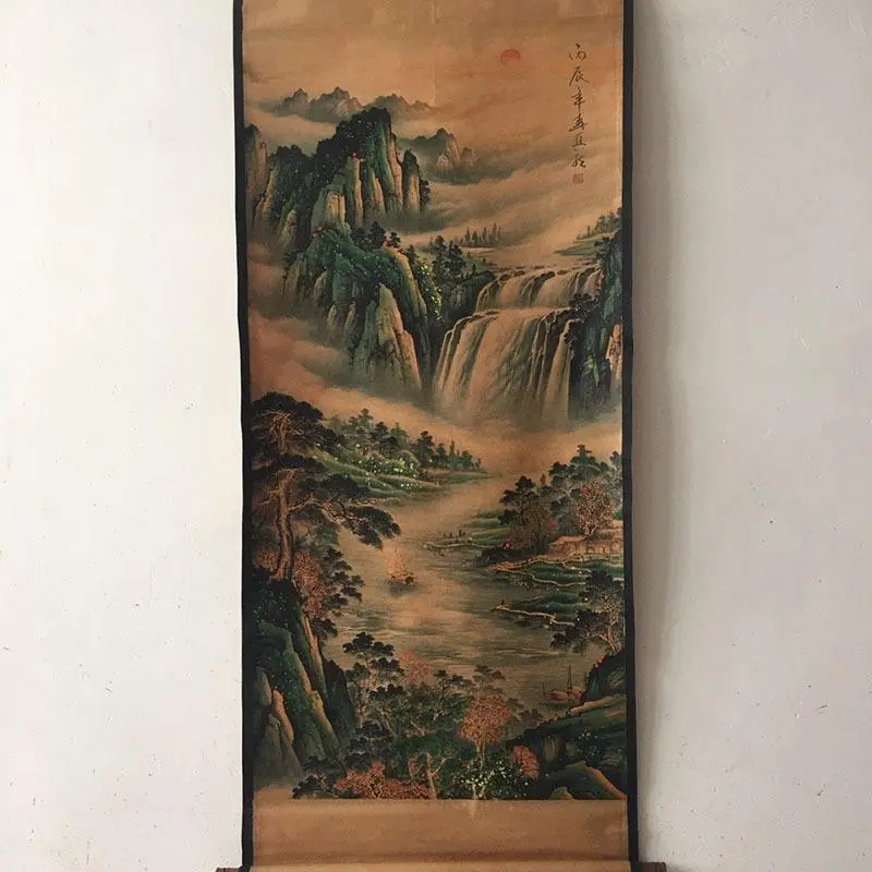 Tranh giả cổ Sơn Thủy của họa sĩ Chân Nhiên, Tranh giấy xuyến chỉ viền bo lụa size lớn 155 x 74cm