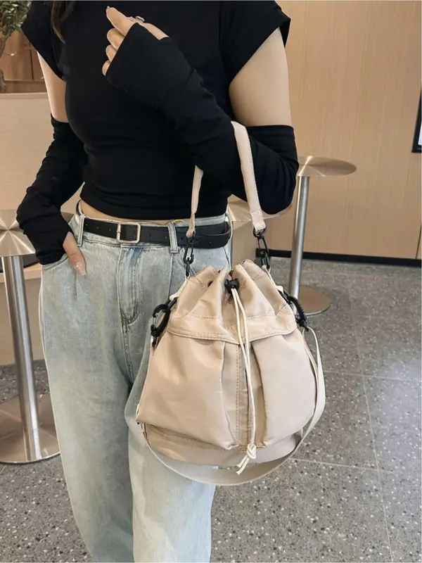 Women's Solid Color Nylon Bucket Bag, Fashionable Lightweight Crossbody Bag with Adjustable Strap, Casual Versatile Sports Bag for Daily Used 6