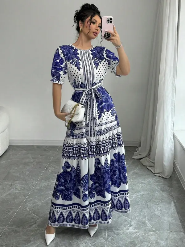Women's Floral Print Belted Dress, Elegant Casual Round Neck  Dress for Spring & Fall, Women's Clothing for Daily Wear 4