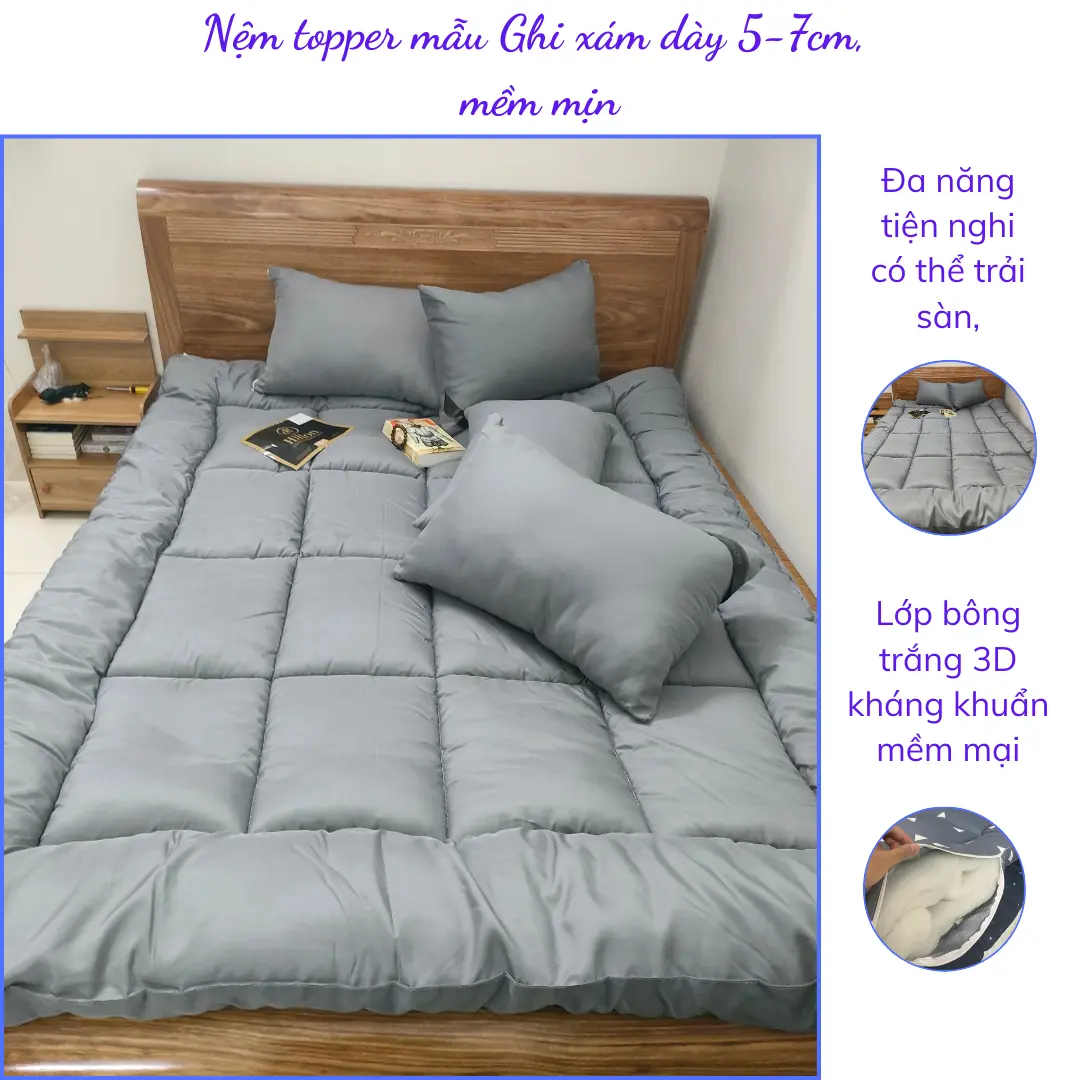 Nệm Topper Mềm Mại Thoáng Khí Pure Cotton Màu Ghi Xám