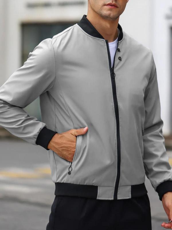 Men's Letter Design Pocket Contrast Binding Zip Up Bomber Jacket, Regular Fit Casual Long Sleeve Mock Neck Zip Front Outerwear For Spring & Fall, Men's Clothes For Daily Wear 3
