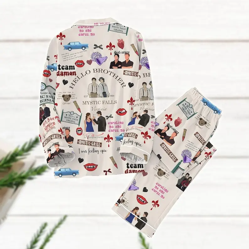 Vampire Diaries Pajamas Set, Vampire Tv Series Pajamas, Hello Brother Matching Pajamas, Salvatore Family Pajamas, Horror Movie Fan Gift Fabric Loungewear 3