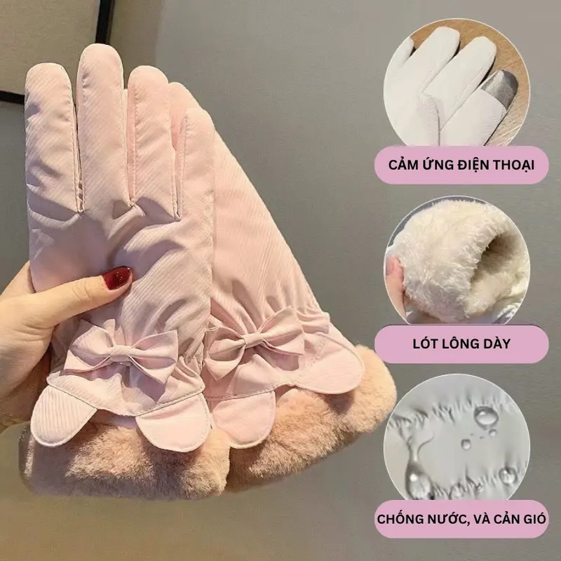Găng tay nữ mùa đông lót lông cản gió, Găng tay vải chống nước giữ ấm gắn nơ thời trang SLEEPYCHIC 1