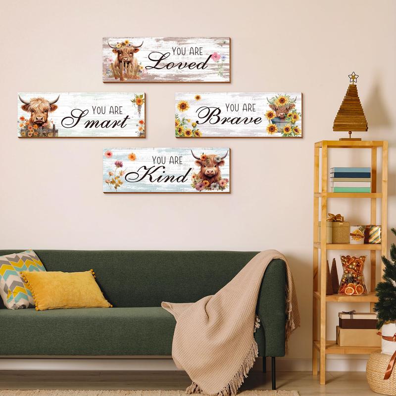 Letter & Highland Cow & Flower Pattern Wooden Sign, 4pcs/set Rustic Farmhouse Wall Art Plaque, Wall Decor for Home Living Room Bedroom Bathroom Kitchen 4
