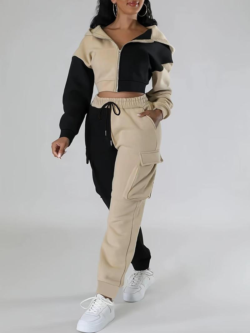 Product Introduction of Two-Piece Set Women's Patchwork Print Zip Up Crop Hoodie & Pocket Sweatpants, Casual Fashion Drop Shoulder Long Sleeve Outerwear & Drawstring Trousers for Daily Outdoor Wear, Women's Clothing for Fall & Winter 1