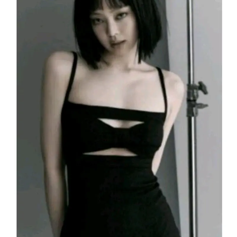 [Jennie - BLACKPINK] Women's Dress Bow Hollowed Out Slim Sexy Sleeveless Summer Solid Color 0
