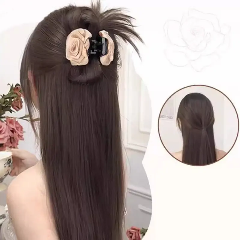 Tóc Giả Phong Cách Trung Quốc Cho Nữ, Tóc Nối Đuôi Ngựa Hình Quả Bóng Buộc Nửa, Kẹp Hoa Hồng, Tóc Giả Lọn Tóc Trông Tự Nhiên, Tóc Mái, Nhẹ Nhàng Và Dễ Phối Đồ Tóc Mô Phỏng, Hàng Mới Về 0