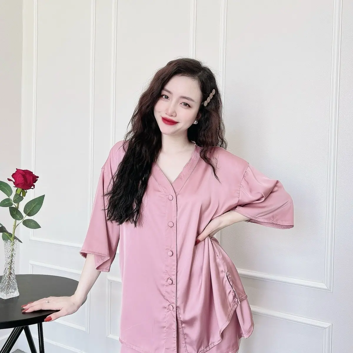 Đồ Ngủ Lụa Latin Tay Lỡ Quần Đùi Nút Bọc Áo ( BIGSIZE 45-80kg) Women Nữ Quần Ngủ