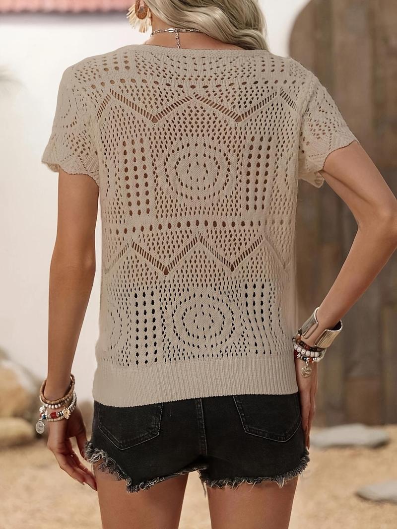 Product Introduction of Women's Plain Hollow Out  Sweater, Casual Short Sleeve Crew Neck Jumper for Spring & Fall, Fashion Women's Knitwear for Daily Wear 6