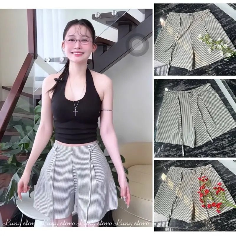 (DAEL MỞ BÁN BST HÈ) Quần Sóc Nư Cạp CaoHoạ tiết Kẻ  Sọc Nhí Khoá kéo   Tặng kèm dây Dễ Mặc Siêu Hót  Mã  8888 quansoc nu