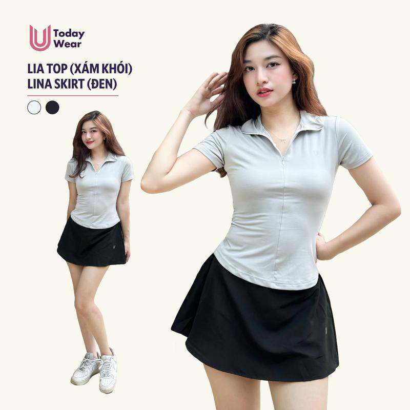 Set đồ tập gym yoga thể thao áo Lia Top Xám Khói mix chân váy Lina Skirt Đen Today U Wear Sport Chạy Bộ Pickleball