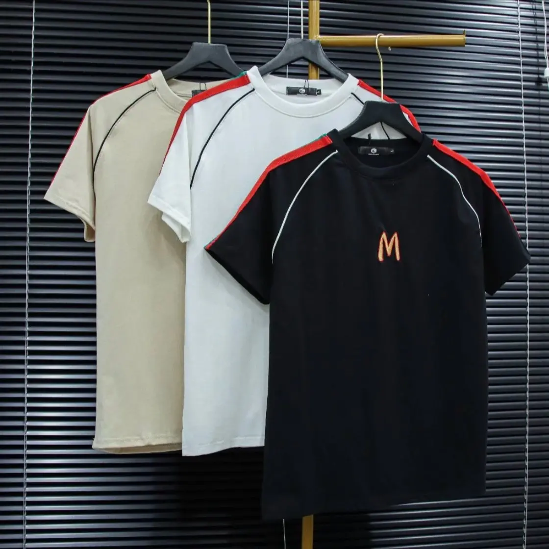 Áo Thun Nam Nữ Cổ Tròn Thêu Chữ M+Phối Viền Chất Cotton Tay Ngắn Hàng Như Hình Chữ Thêu Cap Cấp