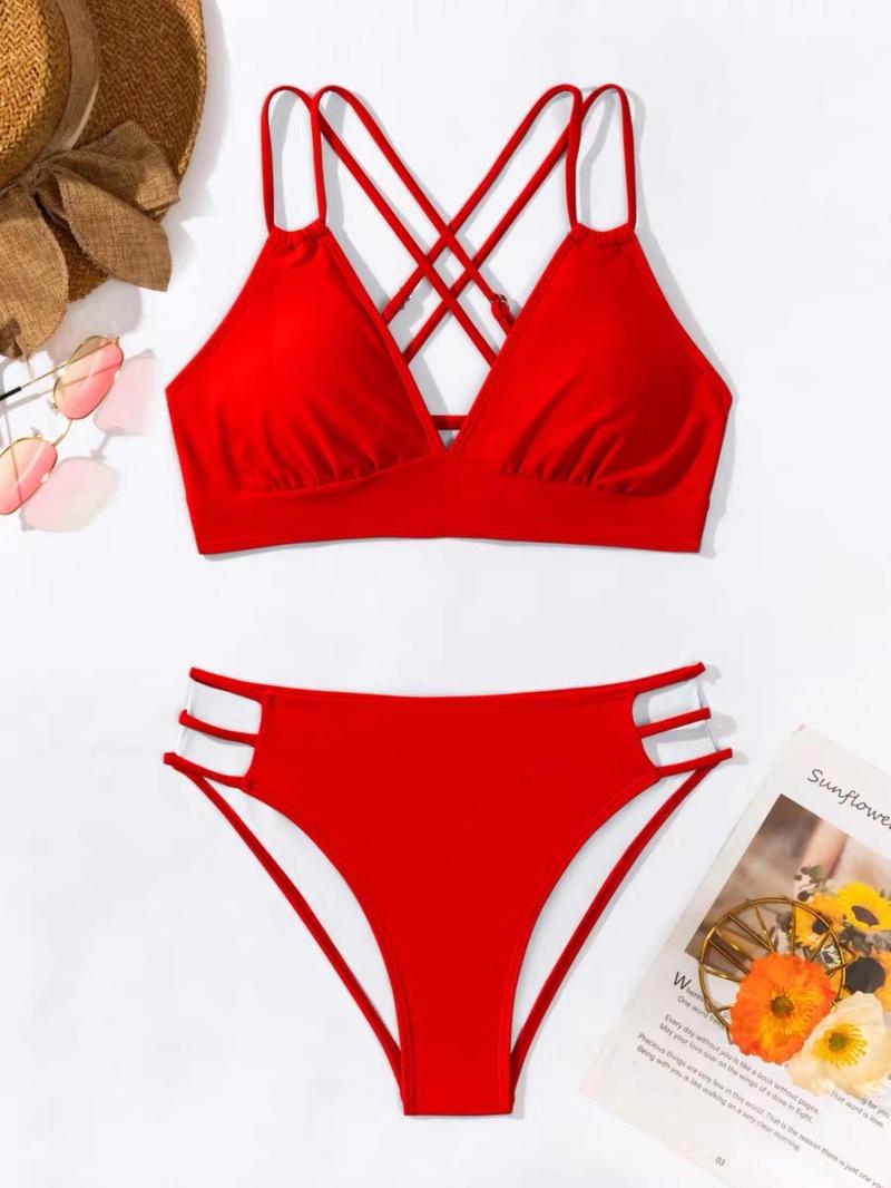 Product Introduction of Two-piece Set Women's Cut Out Bikini Set, Adjustable Strap Criss Cross Wireless Swim Bra with Removable Pads Design & Swim Panty, Ladies Summer Swimsuit Sets for Beach Holiday Vacation, Bathing Suits 2024 for Women 20