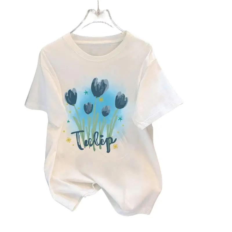 Áo Thun BÔNG HOA TULIP Hai màu TRẮNG và ĐEN Cổ tròn Thông thường Nữ Women Top Kem Cotton