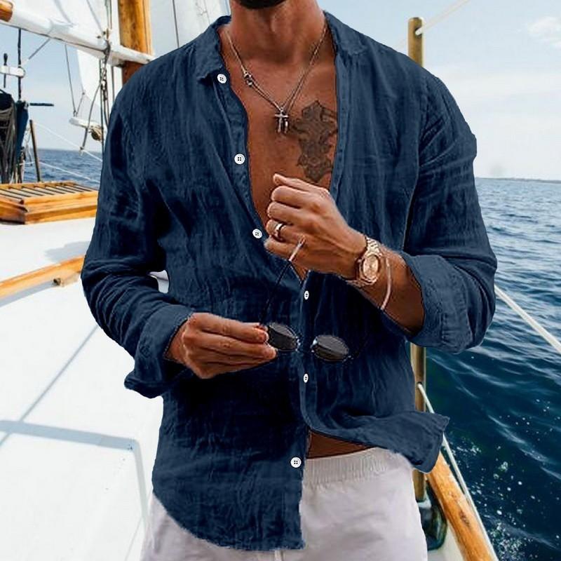 Product Introduction of Men Plain Cotton And Linen-Blend Loose Lapels Long-Sleeved Casual Cardigan Beach Shirt 18