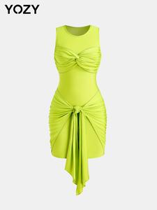 YOZY Women's Plain Knot Front Dress, Casual Sleeveless Round Neck Short Dress for Summer, Ladies Clothes for Beach Holiday