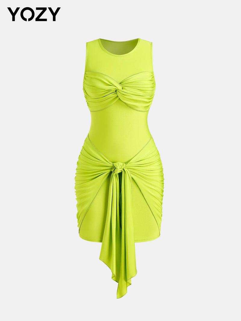Product Introduction of YOZY Women's Plain Knot Front Dress, Casual Sleeveless Round Neck Short Dress for Summer, Ladies Clothes for Beach Holiday 9
