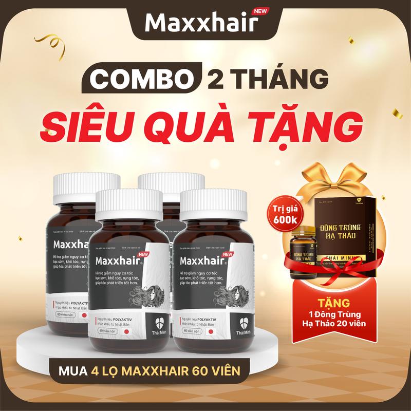 [COMBO 2 THÁNG VIÊN UỐNG] Mua 4 lọ viên uống MAXXHAIR -  TẶNG 1 viên uống Đông Trùng Hạ Thảo 20 viên - Sản phẩm dành cho người bị rụng tóc nhiều và hỗ trợ giúp tóc chắc khoẻ - Lọ 60 viên