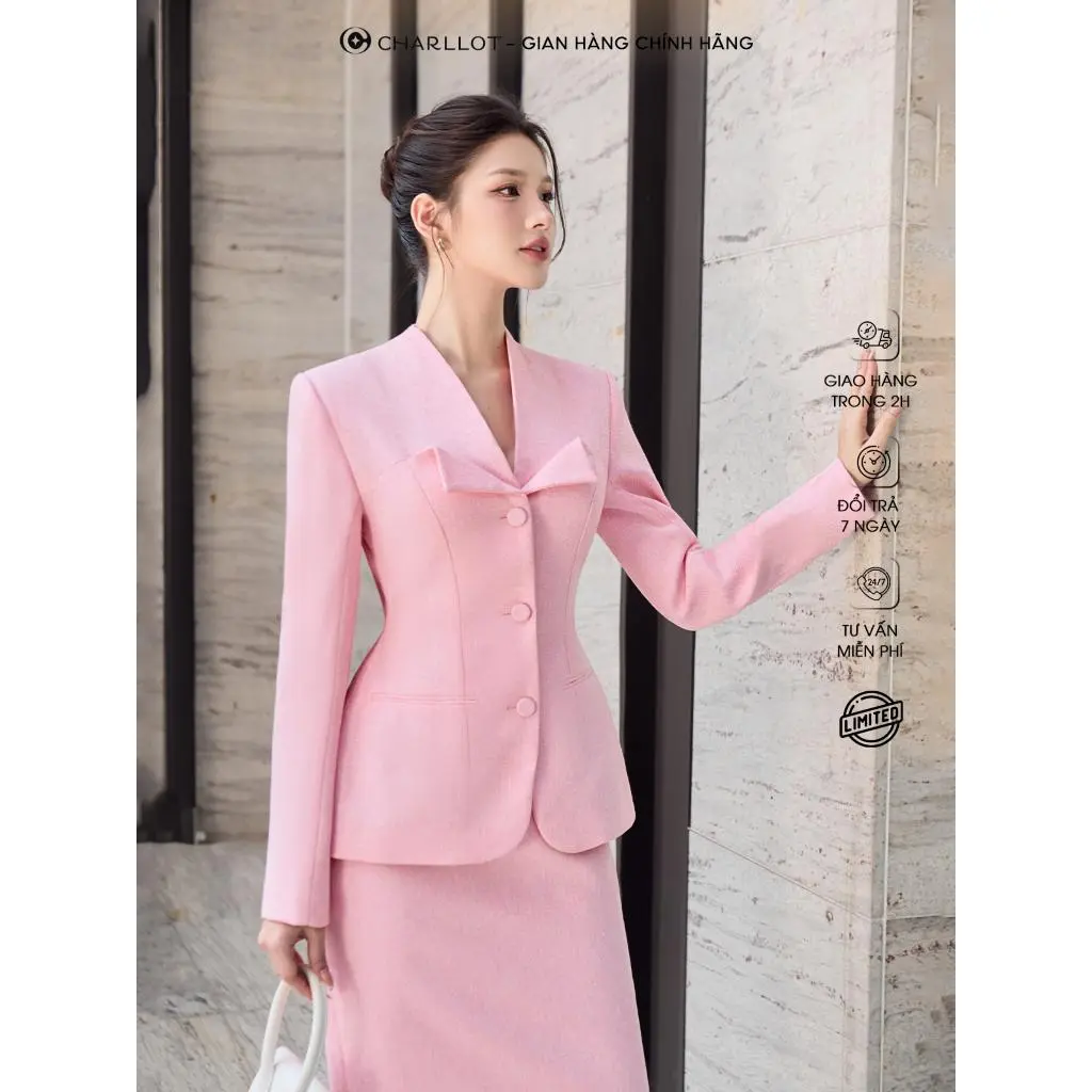 Set Đồ Nữ Công Sở Dự Tiệc LILY Hồng Cam Thiết Kế CHARLLOT Chiết Eo Tôn Dáng Text Hàn CL278