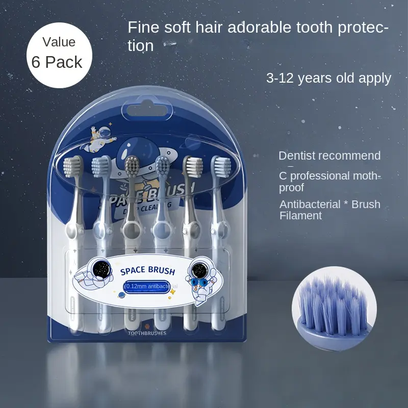 Children's favorite high-value space children's toothbrush soft bristles.Double-tip brush design penetrates deep into the teeth and is efficiently cleaned and cared for babies aged 3-12 years old.Gingival protection for babies with teeth replacement.An