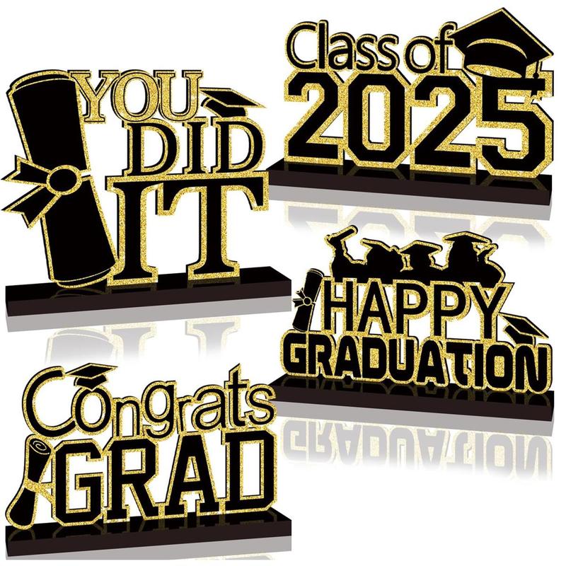 Graduation Themed Wooden Table Centerpiece, 4 Counts/set Class Of 2025 Congrats Grad Letter Pattern Ornament, Graduation Decorations for Home Party School 0