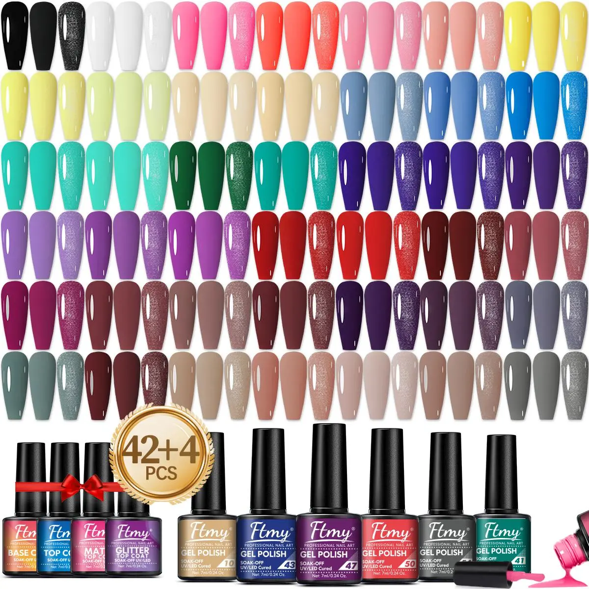 42 Colors Gel Nail Polish Set, 46pcs/set Gel Nail Polish Art with Base Coat, Top Coat, Matte & Glitter Top Coat, Soak Off UV/LED Manicure Gift Set, Polygel Nail Set