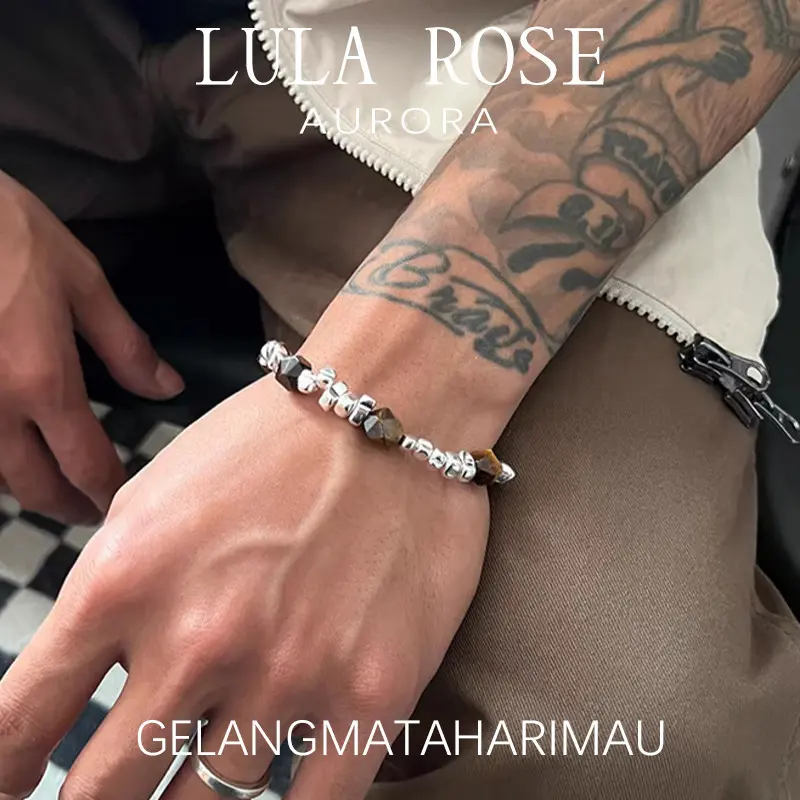 LULA ROSE Gelang Pria Batu Tiger Eye & Baja Titanium, Bisa Ukir Nama, Gaya Street Korea