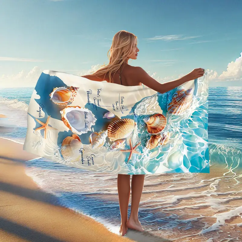 Summer Beach Starfish & Wave & Shell Pattern Beach Towel, Quick-drying Absorbent Towel, Household Towel for Beach Camping Swimming Pool 4