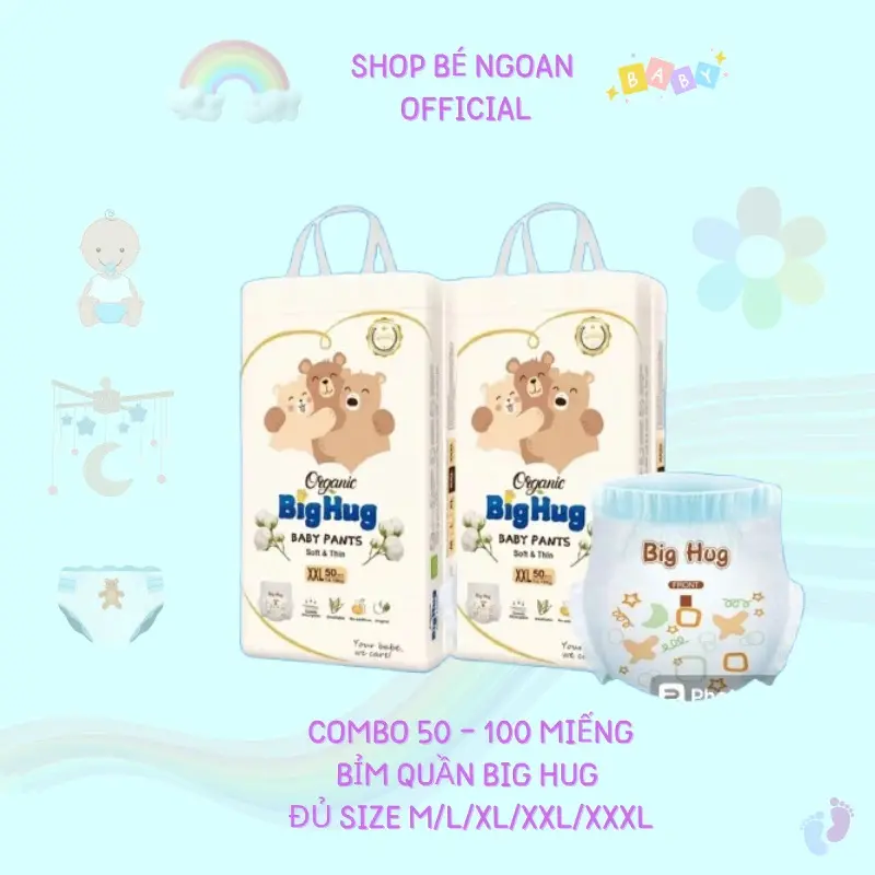 [COMBO 100 MIẾNG] Tã/Bỉm quần Big Hug size M,L,XL,XXL,XXXL 100 miếng siêu thấm, siêu mỏng, thoáng khí