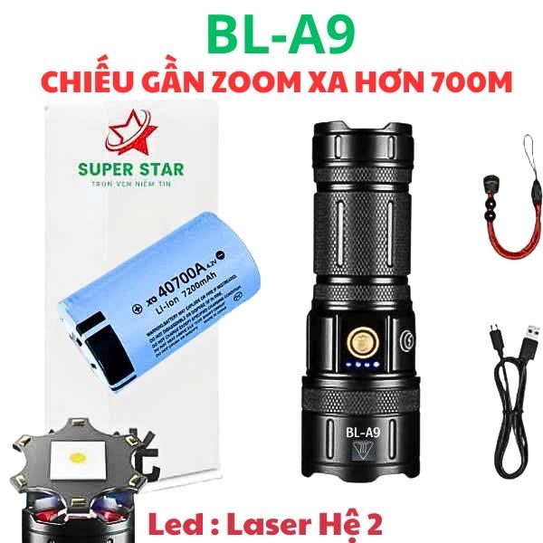 Đèn Pin Cầm Tay Siêu Sáng BL-A9 Chiếu Gần Zoom Xa Hơn 600M,Thiết Kế Full Kim Loại Kháng Nước Tốt Sạc Type-C