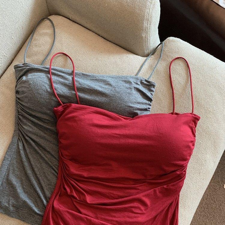 Product Introduction of Pure Pleated Small Sling Vest Women's Fixed Chest Pad Student Girl Hot Sale red  coquette 2