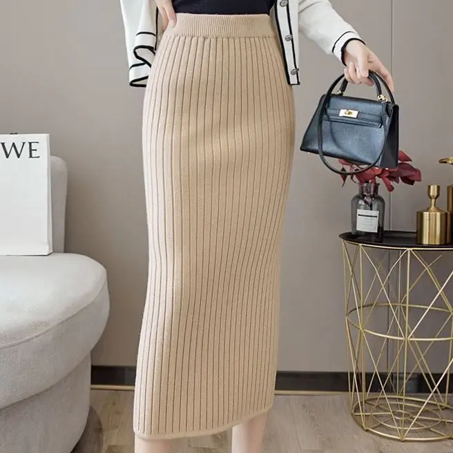Chân Váy Thẳng, Dài Và Mở Rộng, Dệt Kim, Eo Co Giãn, Xẻ Tà Bó, Thích Hợp Cho Mùa Xuân Và Mùa Thu, Chân Váy Nữ Công Sở, Cạp Cao, Len Dáng Rộng Women