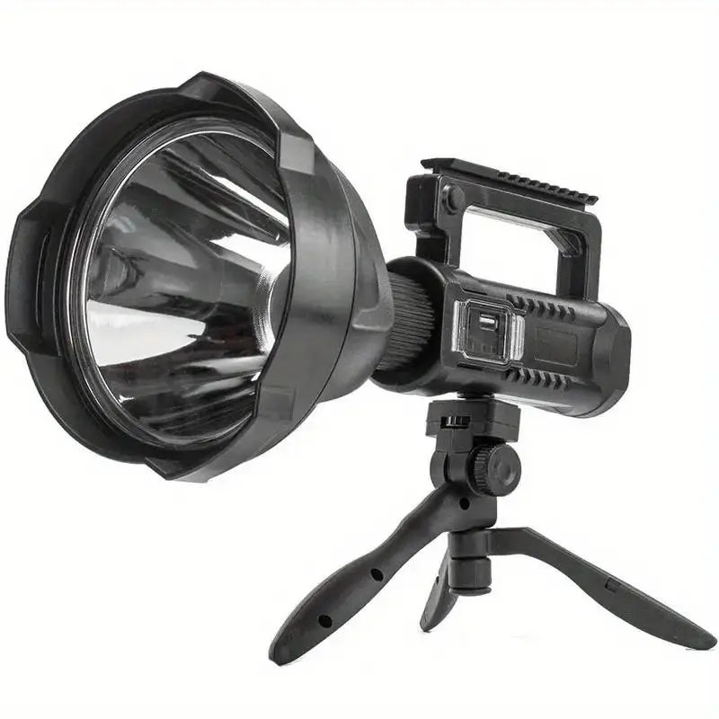Portable LED Rechargeable Flashlight with Tripod & USB Port, Removable IPX6 Waterproof Level Camping Emergency Power Supply with 4 Lighting Modes