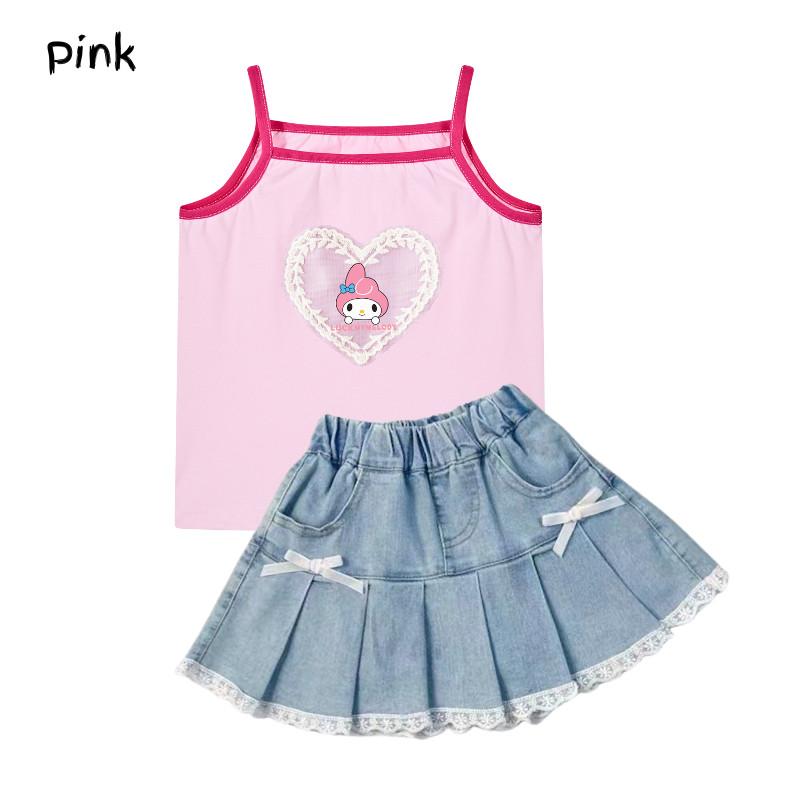 Girls Sets Kuromi Cute Lace Cartoon Slings Contrasting Color Tank Tops Sweet Bow Fashion Denim Skirts with Inner Shorts Kids Cool 2pcs 5