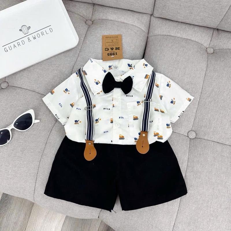 Set bộ sơ mi công tử 4ct hình xe kèm nơ và dây đai cho bé trai 7-22kg. Phong cách Hàn Quốc