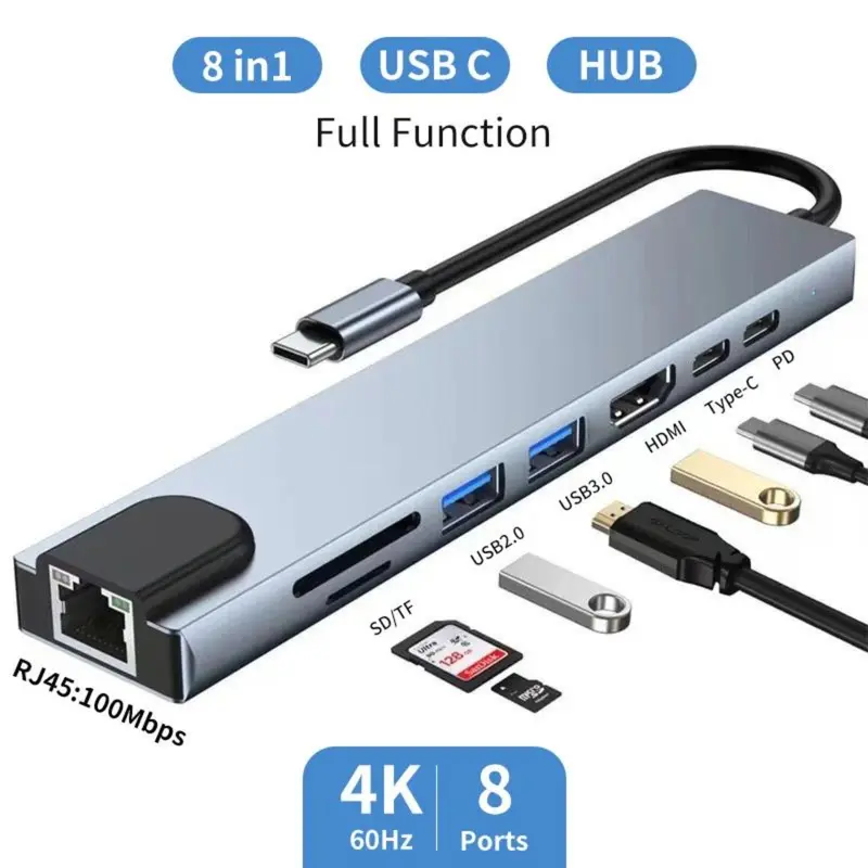 Hub USB C, Bộ Chuyển Đổi 8 Trong 1 Type C 3.1 Sang 4K HDMI, với đầu đọc thẻ RJ45, SD / TF, Sạc Nhanh PD, Tương thích với MacBook, Máy tính xách tay, Máy tính xách tay 0