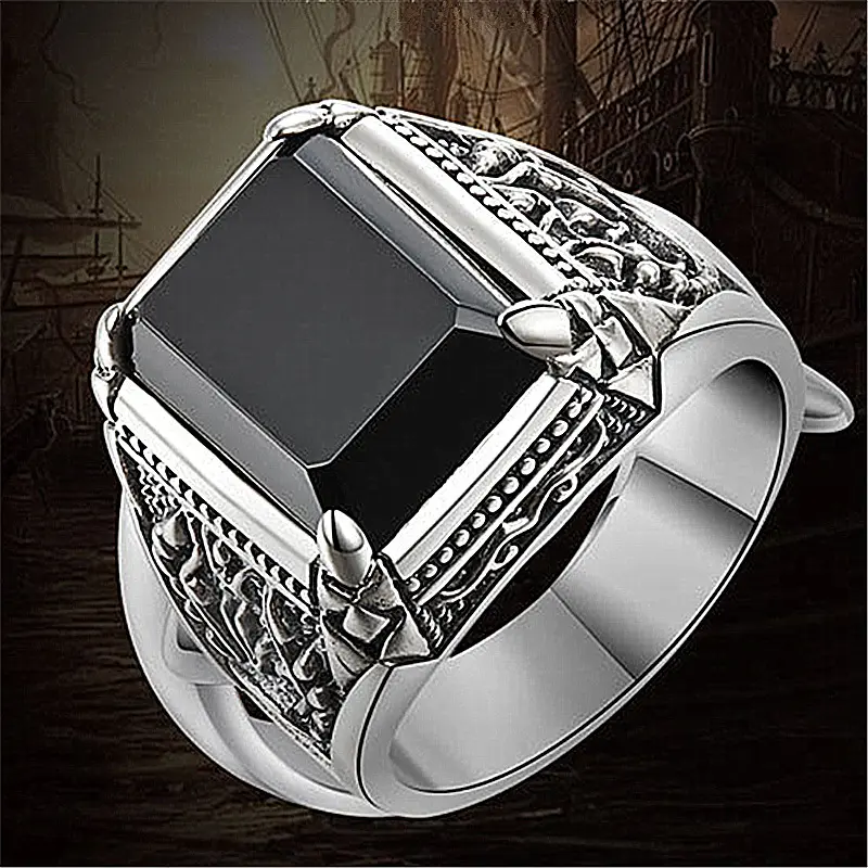 Retro Dark Soul Ring Imitation Black Agate Open Man's Ring Finger Four Claw Gem Man's Ring