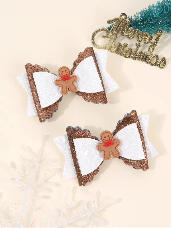 Cute Gingerbread Man Decor Bowknot Design Hair Clips, Glitter Hair Accessories for Girls, Fashion Hair Accessories for Party, Daily Clothing Decor 7
