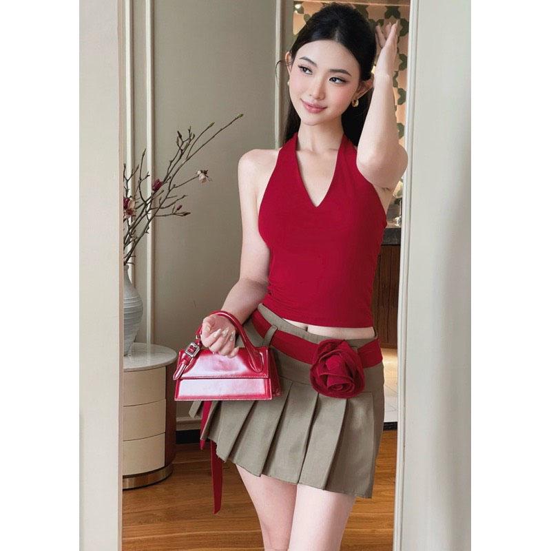 M826 - Set áo yếm chân váy xếp ly kèm belt hoa chouchou Women 