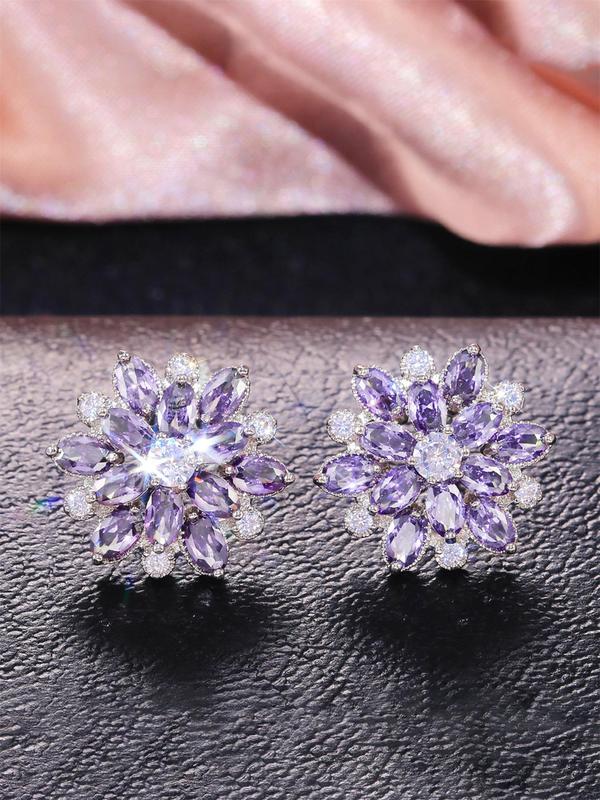 1 Pair Artificial Gemstone Decor Hollow out Flower Design Stud Earrings, Elegant Matching Jewelry for Party, Trendy Daily Clothing Decor for Girl 4