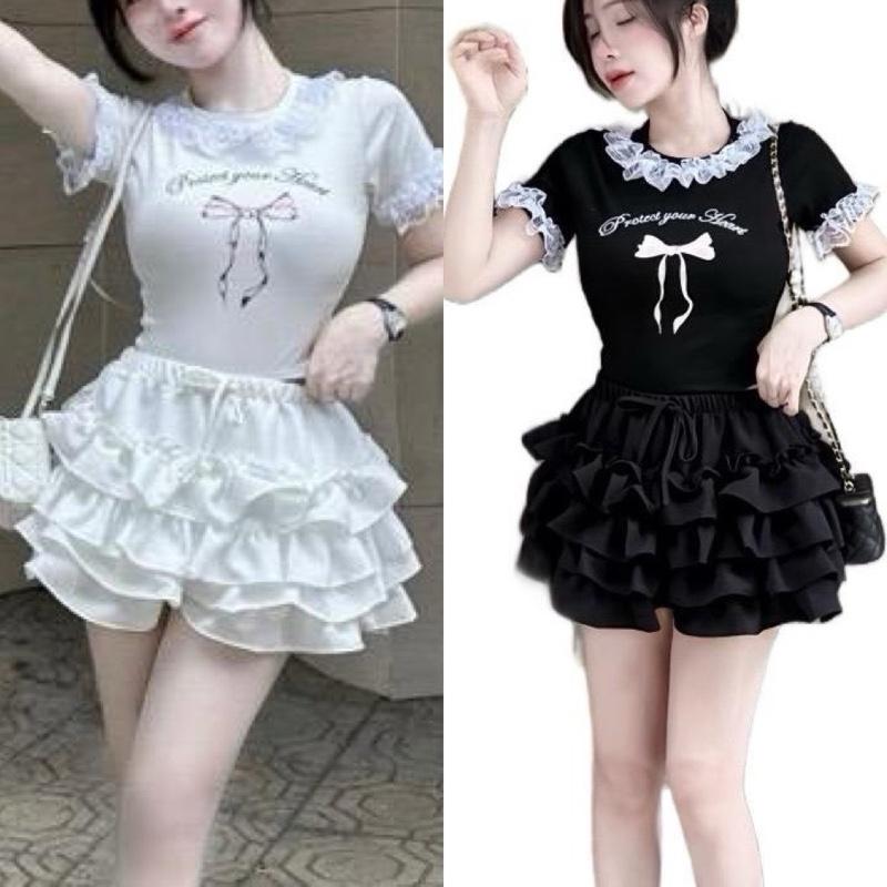 [ SB-157 ] Sét áo tay ngắn in Nơ phối Ren và chân váy nhiều tầng Nữ Women Top