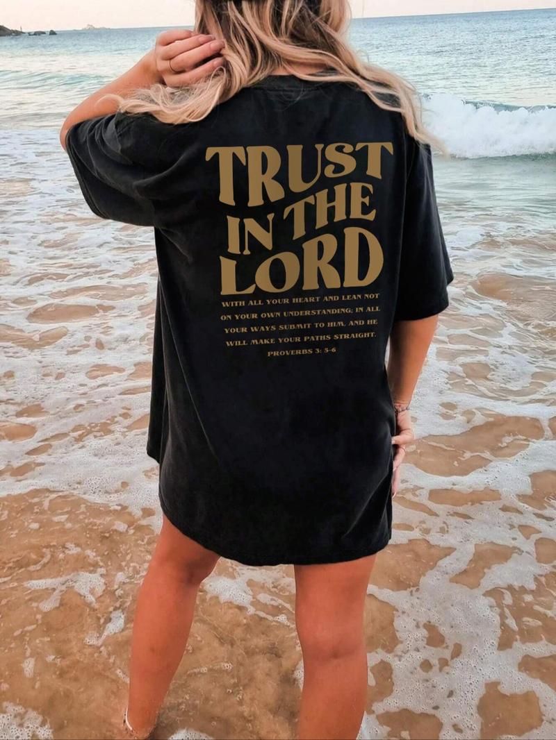 Product Introduction of Women's Plain / Letter Print Drop Shoulder Tee, Casual Comfy Graphic Print Half Sleeve Round Neck T-Shirt for Summer, Fashion Simple Women's Top for Daily Wear, Clothing 5