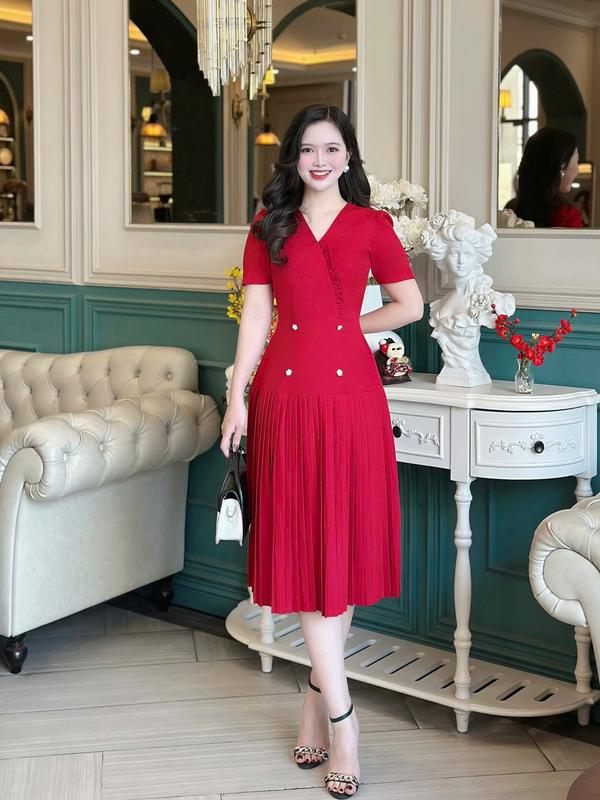  Đầm váy công sở thiết kế Nhật Vy cổ V tay ngắn dáng xoè xếp ly chất lụa dự tiệc đơn giản thanh lịch - D3229 