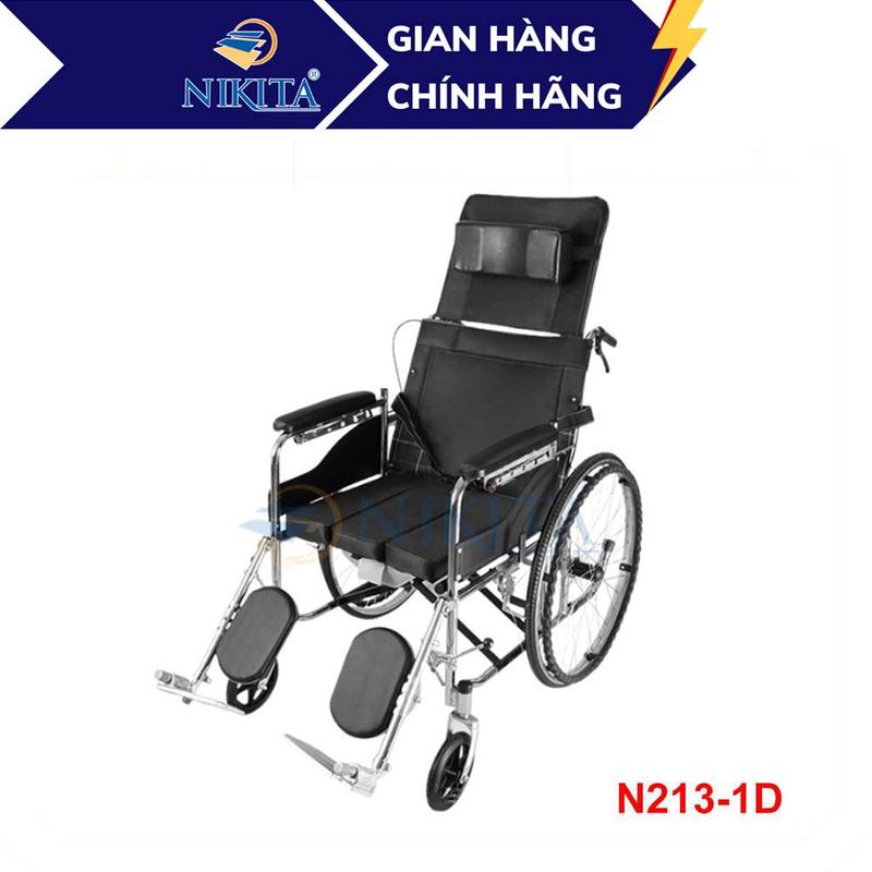 Xe lăn tay ngã lưng 6 nấc, có đệm và bô vệ sinh, chân chống lật  NIKITA